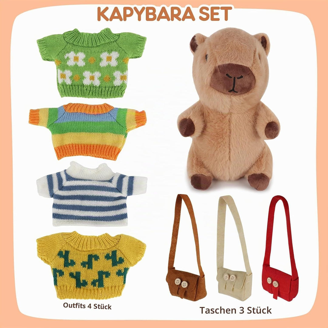 Lotvic Capybara Kuscheltier mit Kleidung und Rucksäcken, 23cm | Capybara Plüschtier, Niedlichen Wass