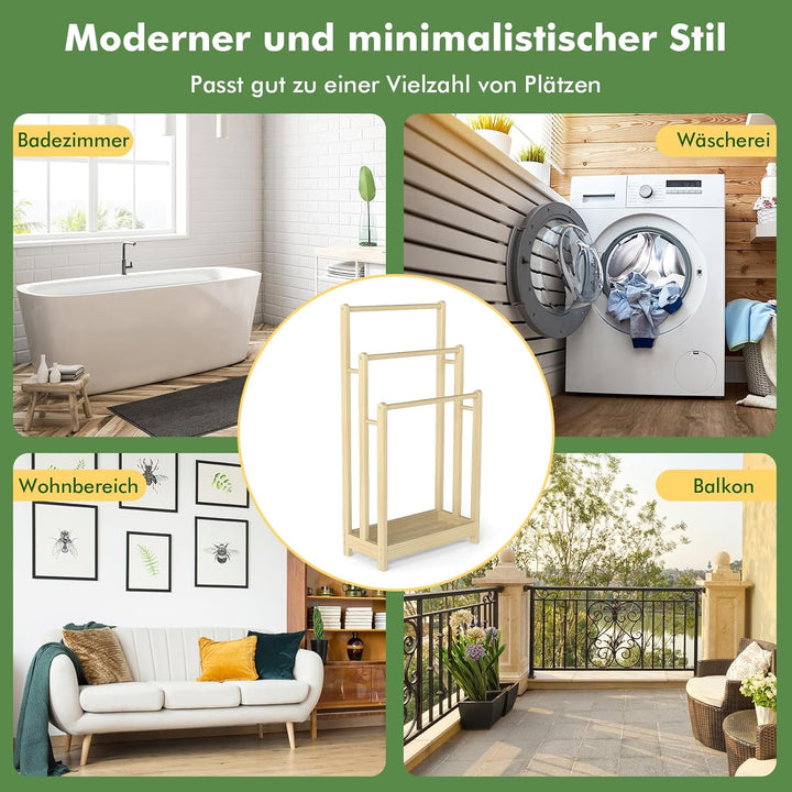 COSTWAY Handtuchständer freistehend, Handtuchhalter Holz mit 3 Handtuchstangen & unterer Ablage & Ki