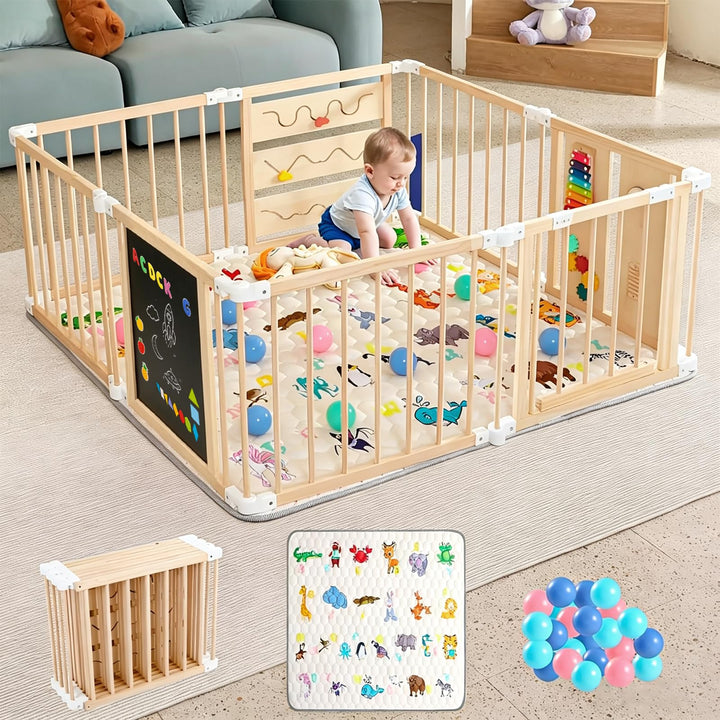 Laufstall Baby Holz, Faltbares XL Laufgitter mit Matratze &amp; 50 Bällen, Verstellbare Gross &amp; Form, Mo