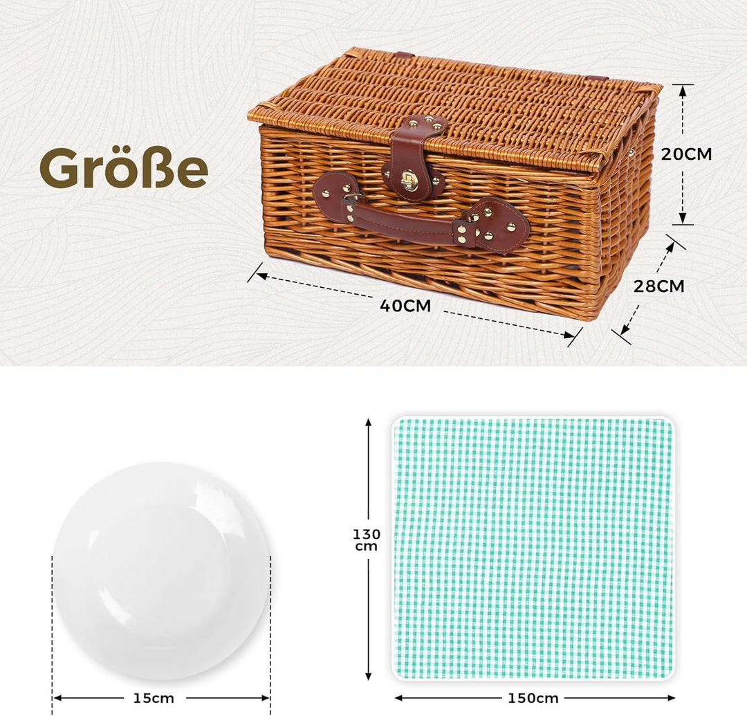 Picknickkorb Set für 4 Person mit Kühlfach und wasserdichte Picknickdecke, Abnehmbarer Riemen, Beste