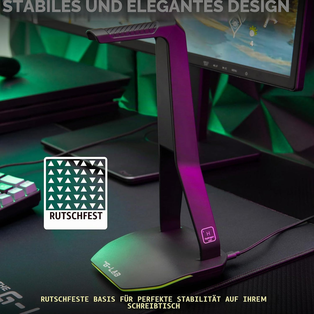 The G-Lab – K-Stand Hydrogen – Gaming Kopfhörer Ständer – RGB mit 7 Farben, EIN/Aus-Schalter, 2X USB