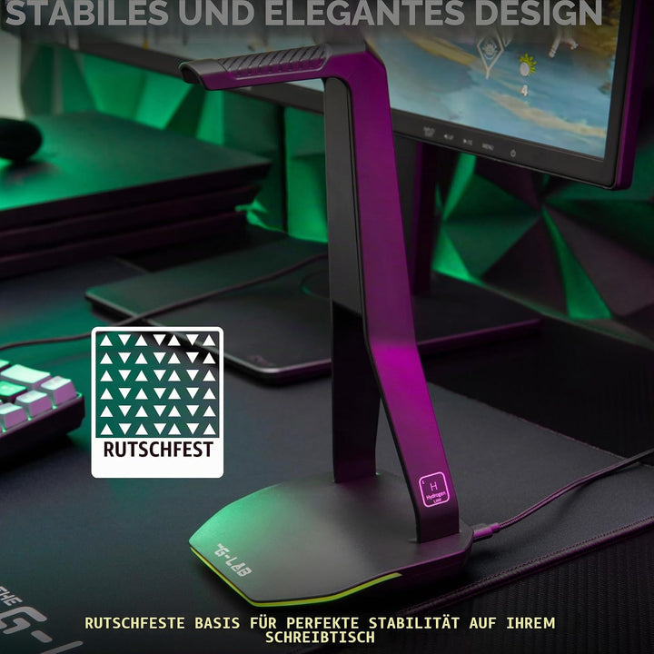 The G-Lab – K-Stand Hydrogen – Gaming Kopfhörer Ständer – RGB mit 7 Farben, EIN/Aus-Schalter, 2X USB