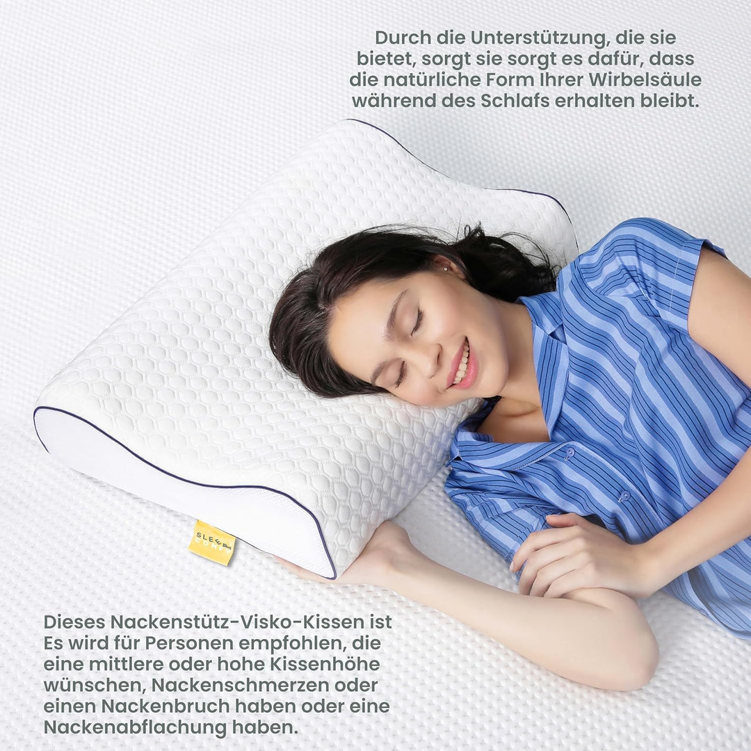 SLEEP COMFY - Premium Visco HWS Nackenkissen, 60x40x14/12cm, Kopfkissen mit Bezug, Nackenstützkissen