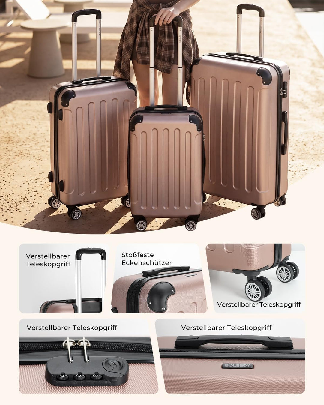 3tlg Kofferset, Trolley Koffer Reisekofferset, (55/66/76CM), Handgepäck Koffer, 360°drehbare Hartsch