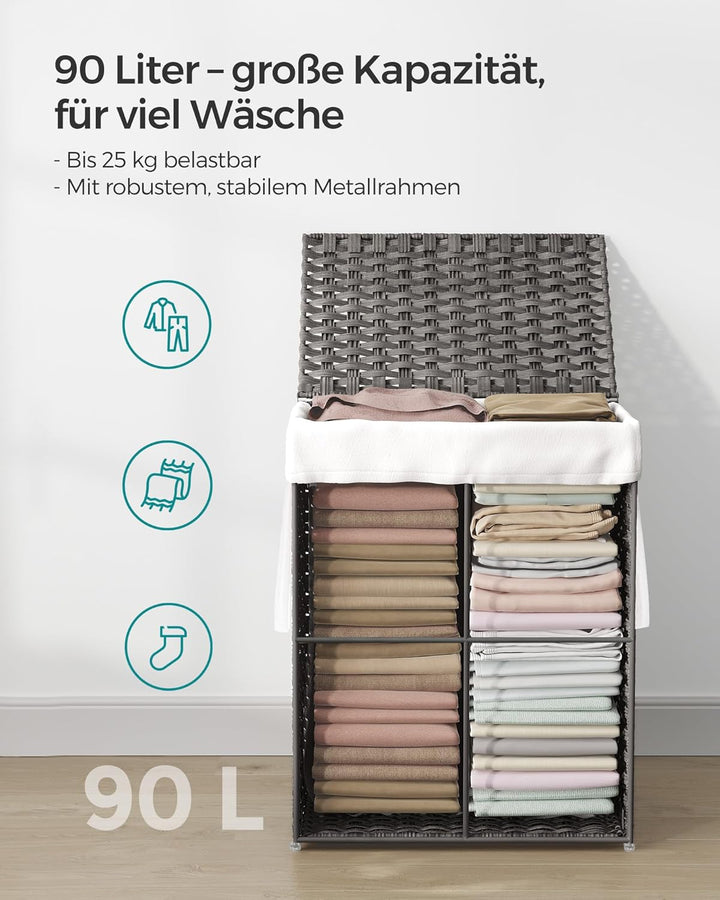 SONGMICS Aufbewahrungskorb, schmutzige Wäsche, 90 l, mit Deckel, faltbar, abnehmbarer Stoffbeutel un
