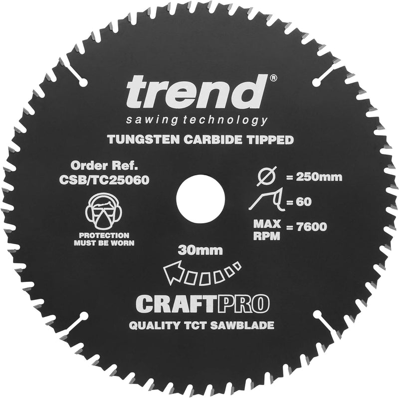 Trend Craft Pro Sägeblatt – 250 mm Durchmesser 30 mm Bohrung 60 Zähne TCT