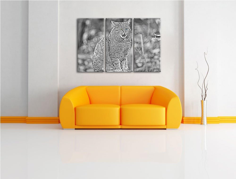 bildschöne Manul auf Baumstamm schwarz/weiss Deluxe 3-Teiler Leinwandbild 120x80 Bild auf Leinwand,