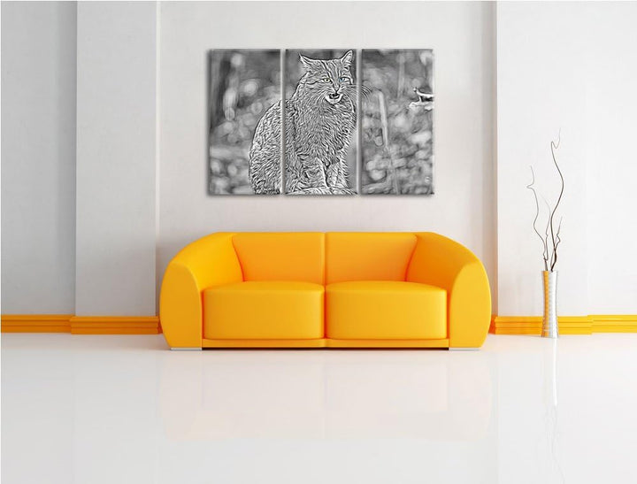 bildschöne Manul auf Baumstamm schwarz/weiss Deluxe 3-Teiler Leinwandbild 120x80 Bild auf Leinwand,