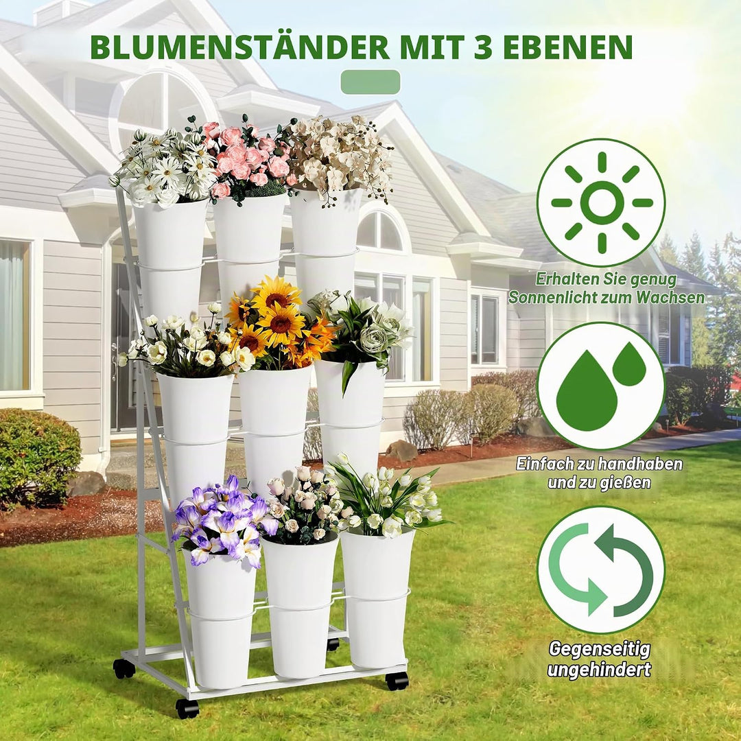 Alyoen Blumenständer mit Rollen und Eimern, 3 Etagen Blumenständer aus Metall mit 9 Eimern, Mobiler