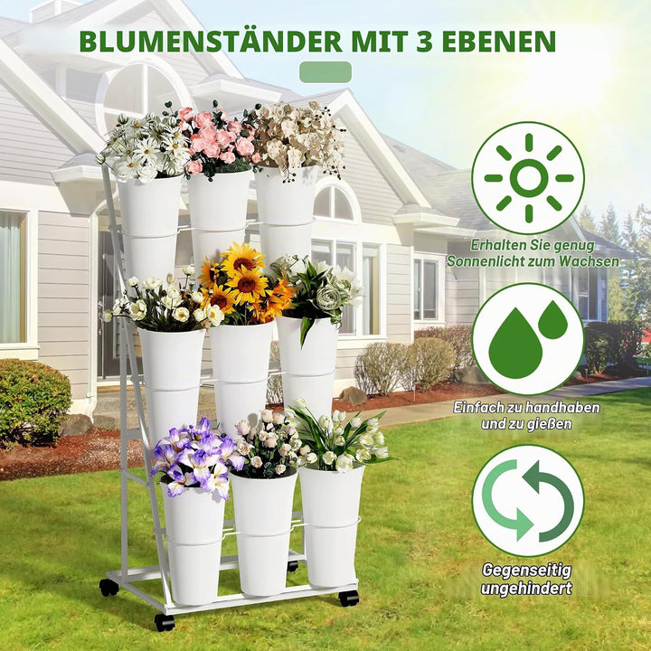 Alyoen Blumenständer mit Rollen und Eimern, 3 Etagen Blumenständer aus Metall mit 9 Eimern, Mobiler