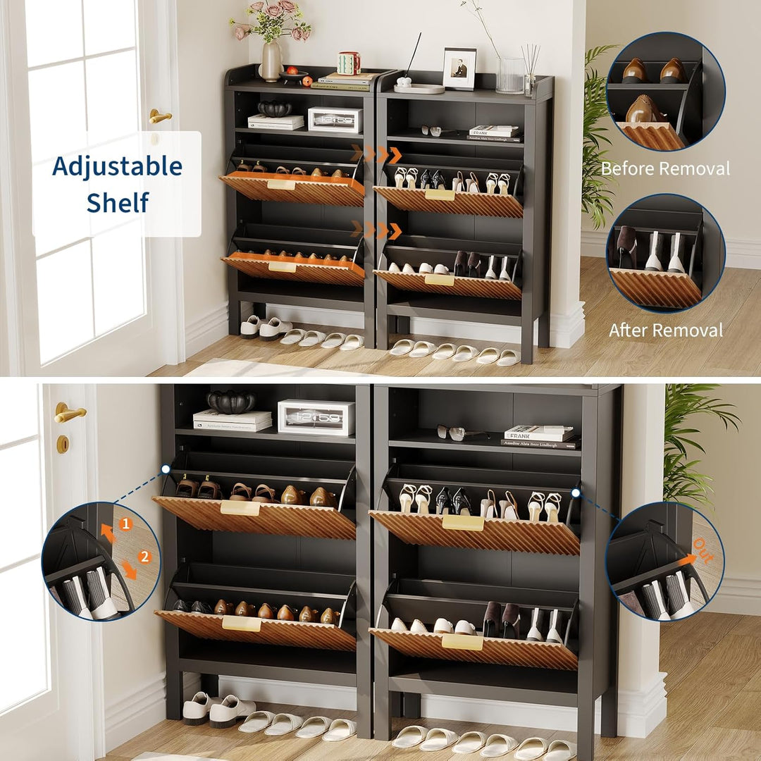 Garvee Schuhschrank mit 2 Klappschubladen, Schmaler, Geriffelter Schuhschrank mit Füssen, Freistehen