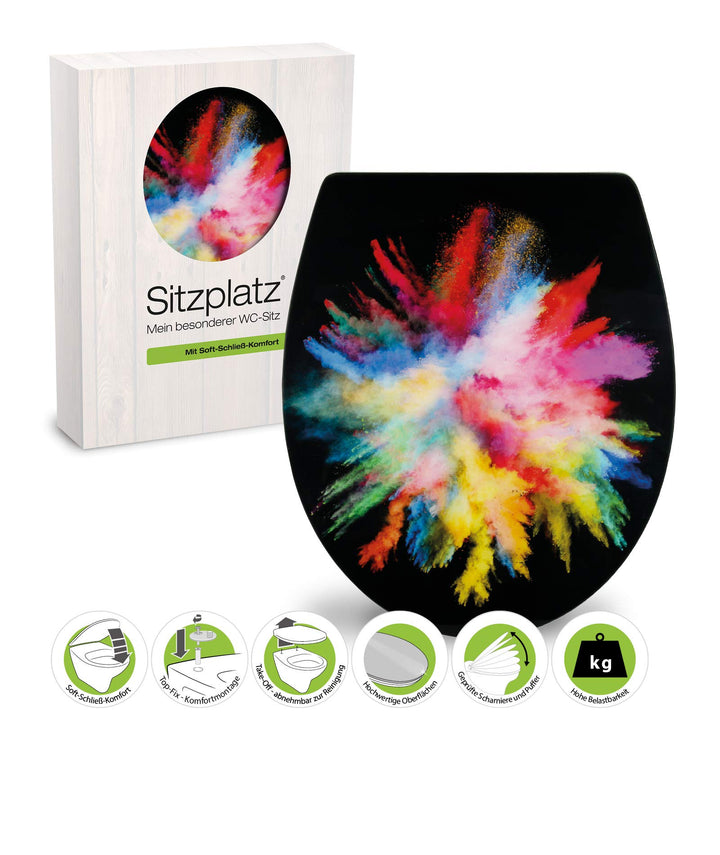 SITZPLATZ® WC-Sitz mit Absenkautomatik, Dekor Farbrausch, High Gloss Toilettendeckel, antibakteriell
