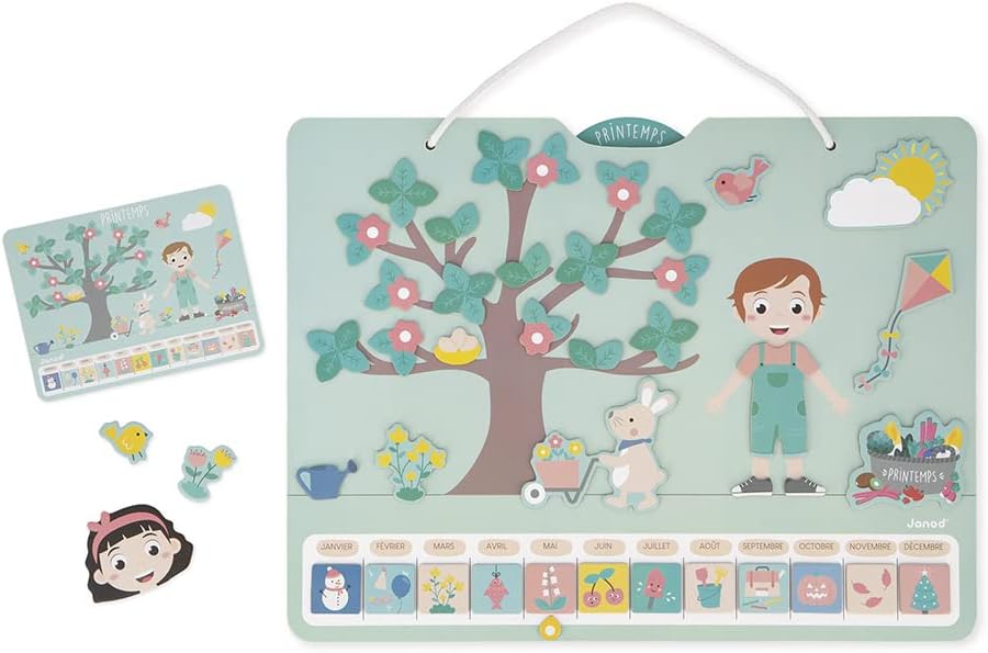 Janod - Jahreszeitenkalender – Holzkalender für Kinder 42 x 32 cm – magnetisch – 125 Magnete – Jahre
