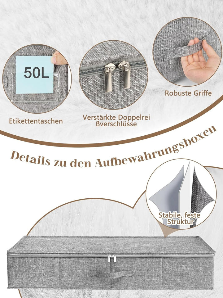 mepure Unterbett Aufbewahrungsbox,3 Stück – 50L Faltbare Unterbettkommode mit Deckel & Doppelreissve