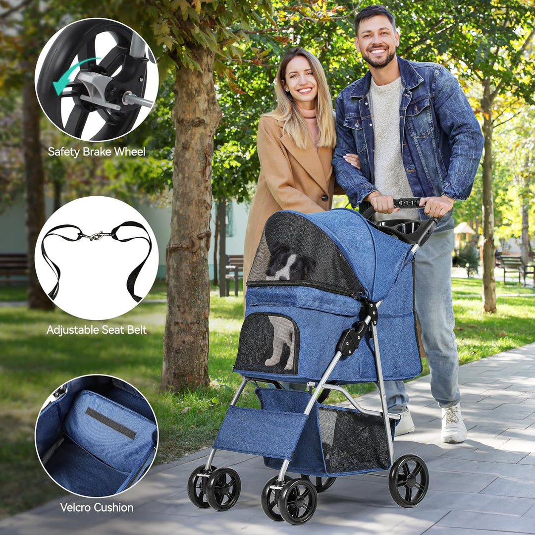 YITAHOME Hundewagen Haustiere Buggy bis 15kg, Hundebuggy mit Netzfenstern & Getränkehalter & Ablagek