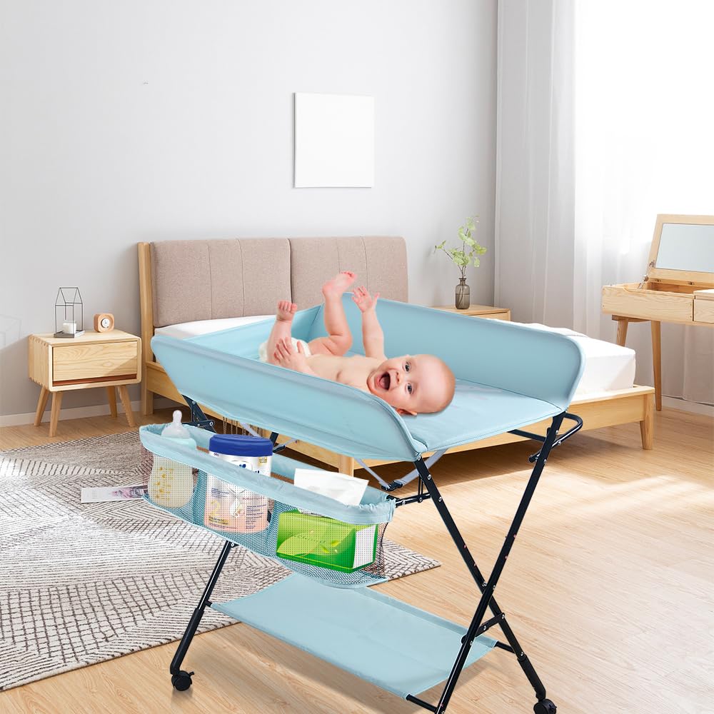 Baby Wickelkombi - klappbare Wickelkommode, mobiler Wickeltisch mit Wickelauflage, Sicherheitsgurt u