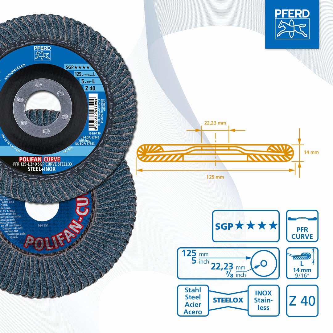 PFERD Fächerscheibe POLIFAN CURVE 2 Stück | Ø 125 mm, Breite L (14 mm), Z40, SGP STEELOX | 69398196