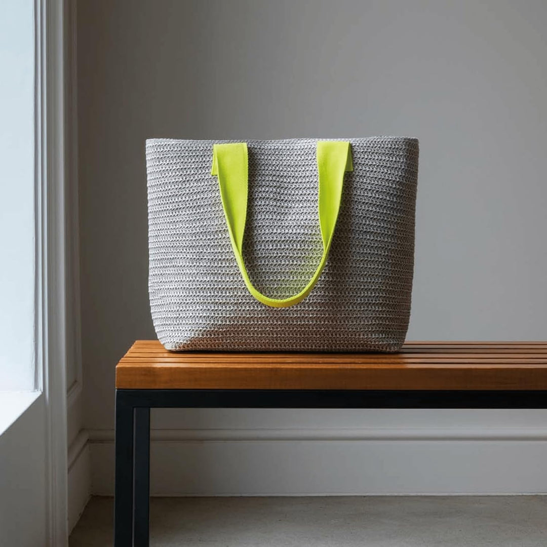 REMEMBER Korbtasche "Light grey" mit Druckknopf aus Papierstroh und Baumwolle Light Grey + Yellow Ha