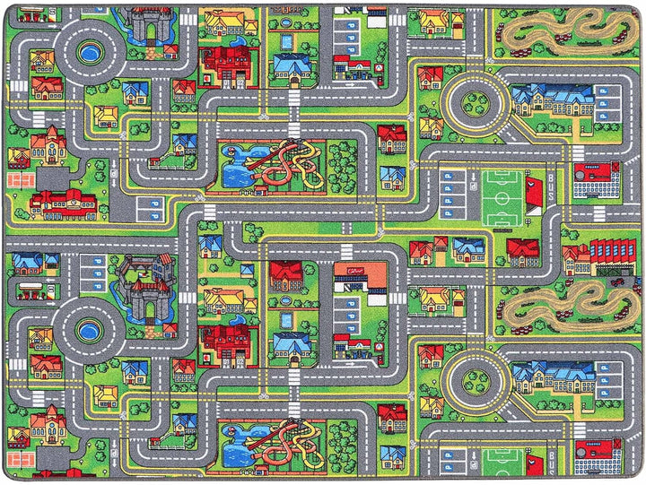 Primaflor Spielteppich mit Strassen & Kreisverkehr – Spielteppich für Kinder 140x200 cm – pflegeleic