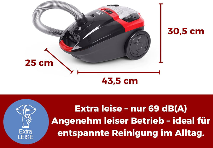 Fakir Red Vac Power Staubsauger mit Beutel 700W, Bodenstaubsauger mit Kabel, HEPA H13 Filter, sehr l