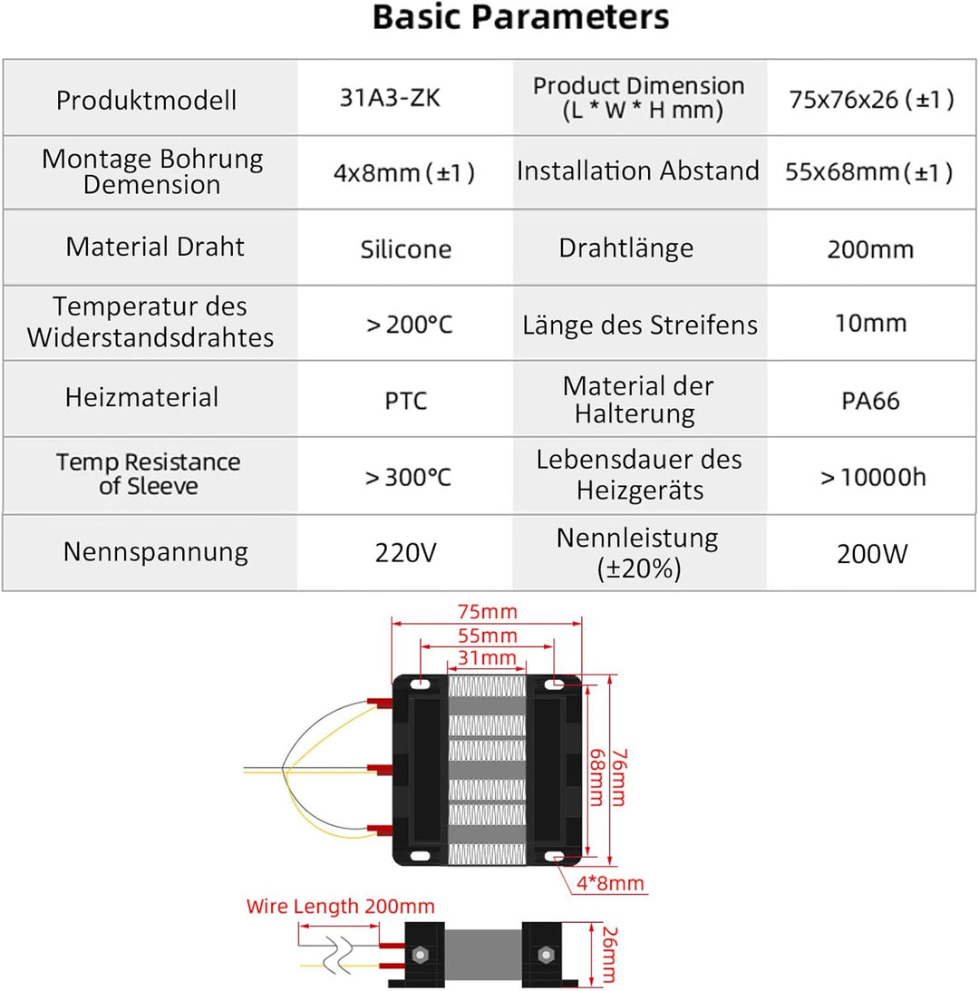 PTC-Heizelement 220V 200W PTC-Keramik-Luftheizgerät, PTC-Heizung, Elektrisch isolierte Keramik-Therm