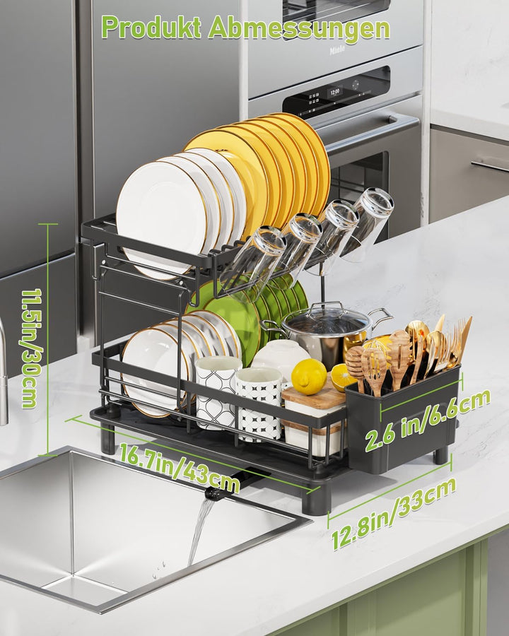 Abtropfgestell Geschirr,Grosser 2-Tier Geschirrabtropfgestell mit Abtropfschale,Abtropfgestell Edels