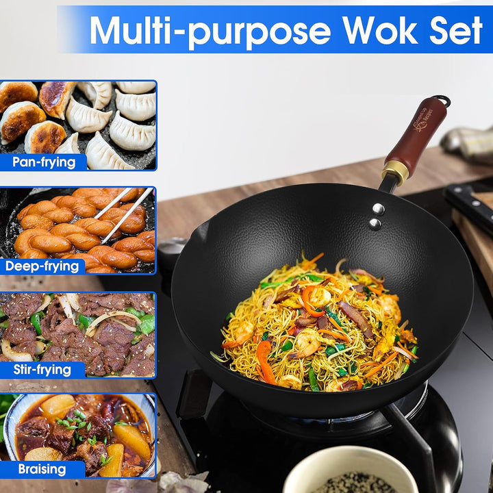 Souped Up Recipes 25,4 cm Wok aus Karbonstahl für Elektro-, Induktions- und Gasherde (Deckel und Ben