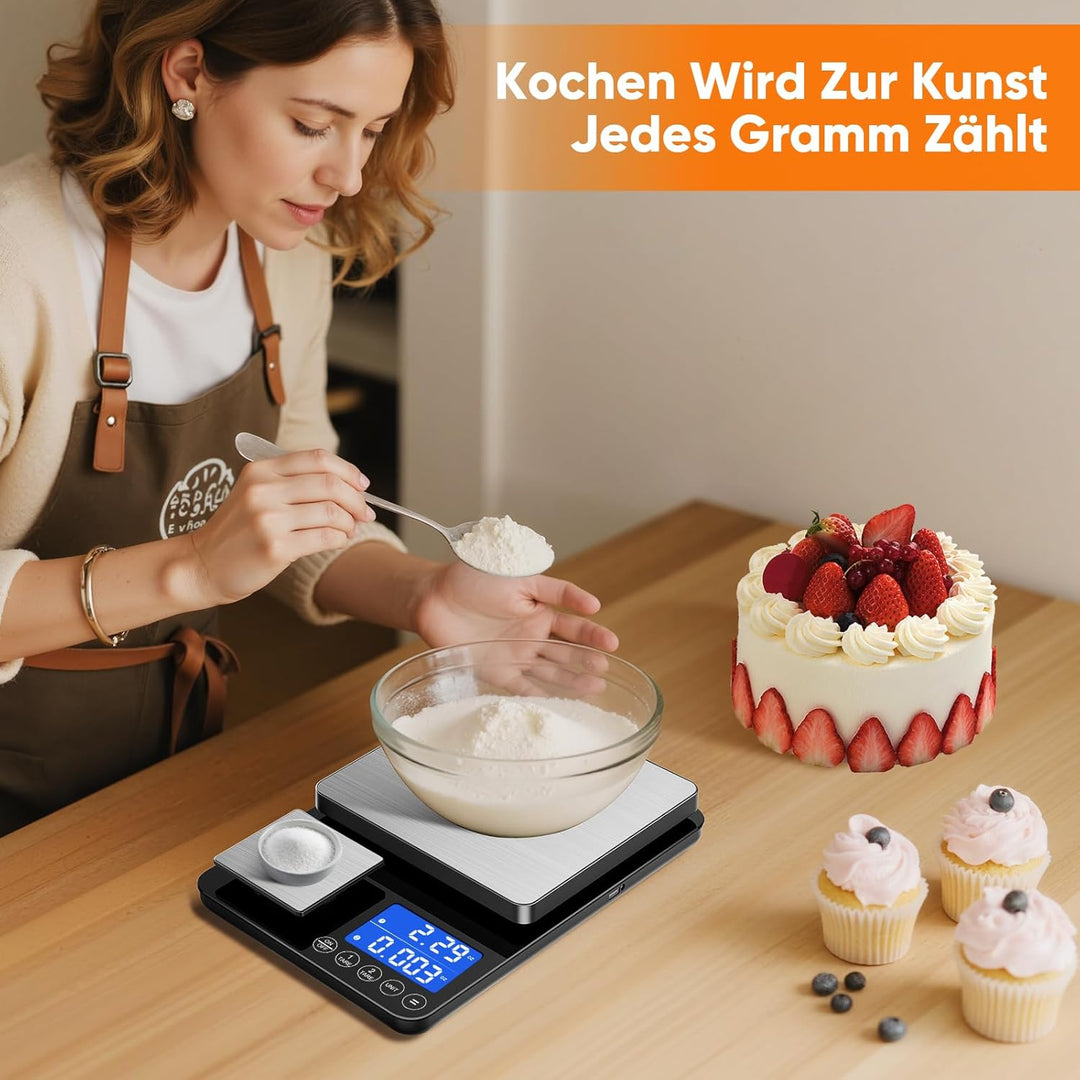 BRICH Digitale Küchenwaage mit Dual-Plattform, 15kg/1g & 500g/0.01g Präzisionswaage mit Tara- & Summ