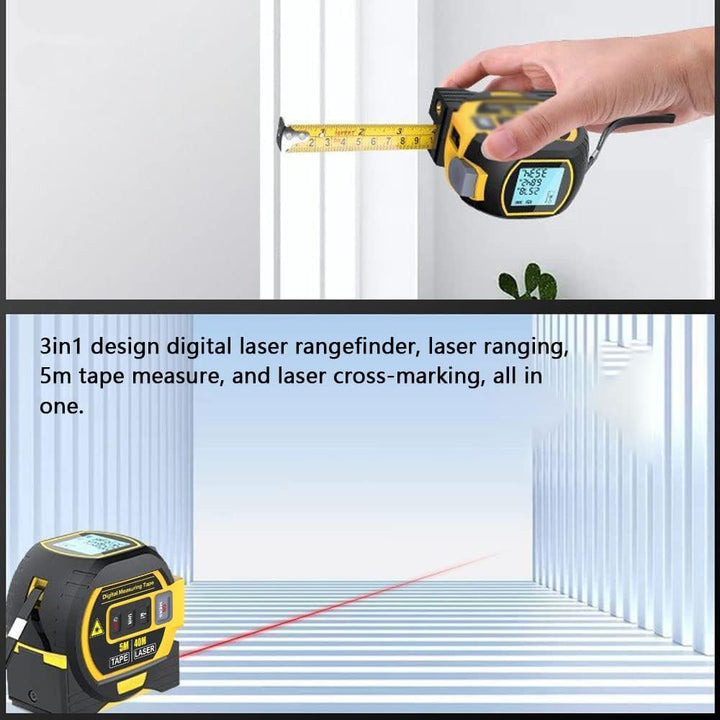 Geevorks Laser-Entfernungsmesser, Laser-Entfernungsmesser, 60 m, 3 in 1, 5 m, Massband, Lineal, LCD-