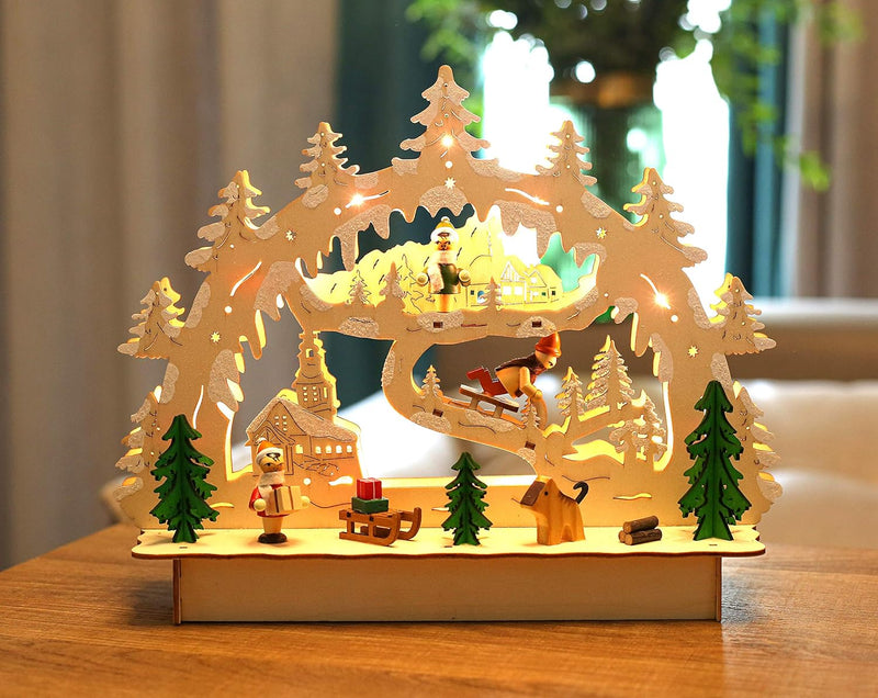 BRUBAKER 3D LED Lichterbogen Schwibbogen - Winterlandschaft mit Kirche - LED Beleuchtung - Holz natu