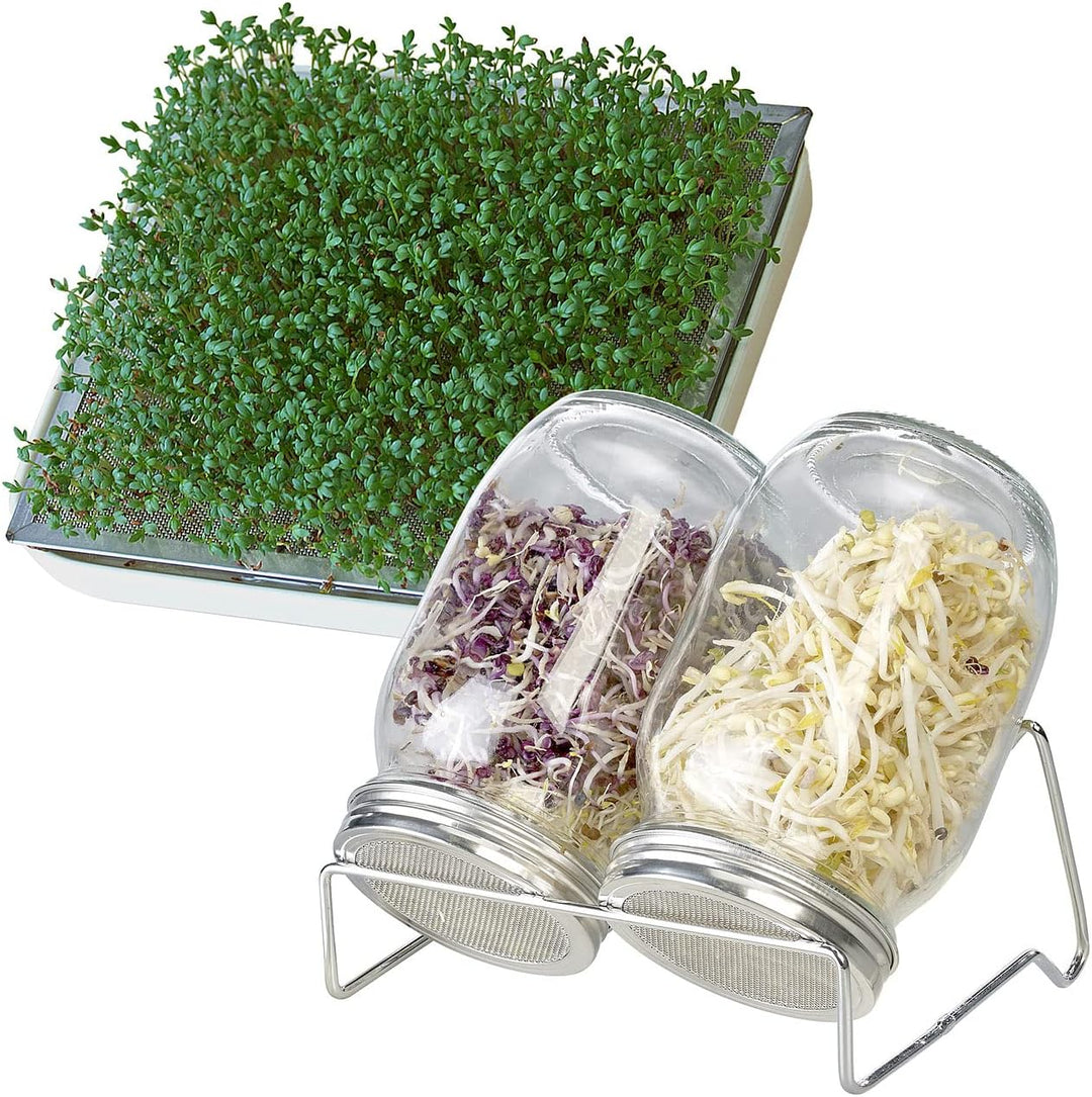 Royal Gardineer Sprossengläser: 2er-Set Keimgläser mit Doppelständer, Kressesieb, Auffangschale, je