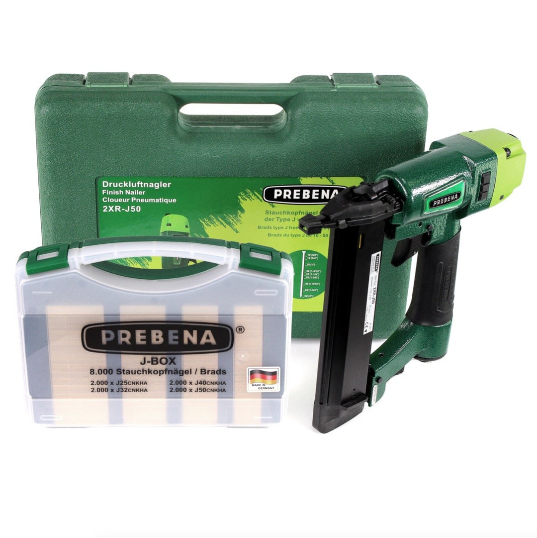 PREBENA 2XR-J50 Luftdruck Druckluftnagler im Transportkoffer + J-BOX 8,000 Stauchkopfnägel/Brads, Gr