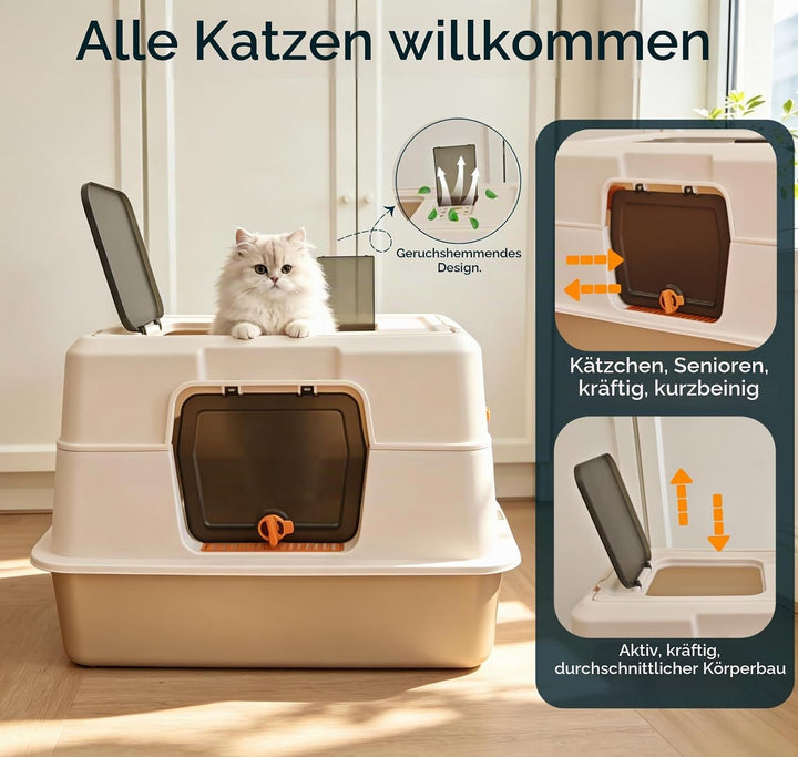 Geschlossene Edelstahl Katzentoilette, Extra Gross mit Vorder- &amp; Topfeinstieg, Geruchsdicht – inkl.