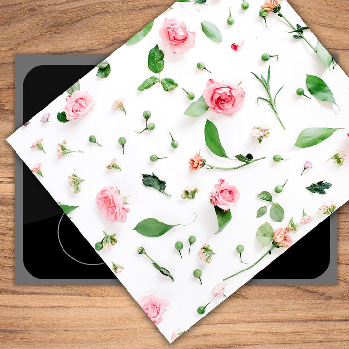 SmartDecoration Herdabdeckplatte Ceranfeldabdeckung aus Glas 60x52 cm Einteilig Motiv "Blumen" Weiss