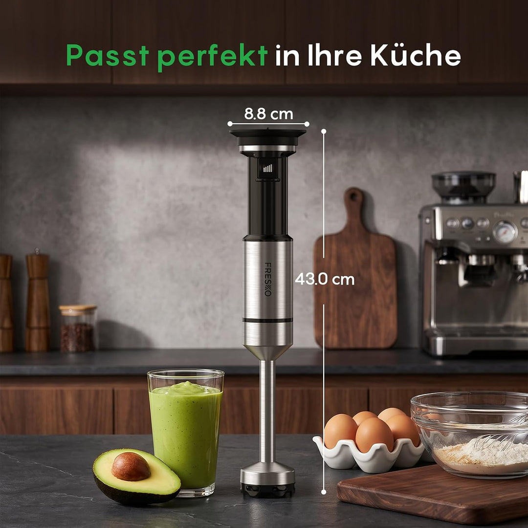FRESKO Stabmixer 1000W, Stufenlos Regulierbare Geschwindigkeiten, Pürierstab aus Edelstahl mit Schut