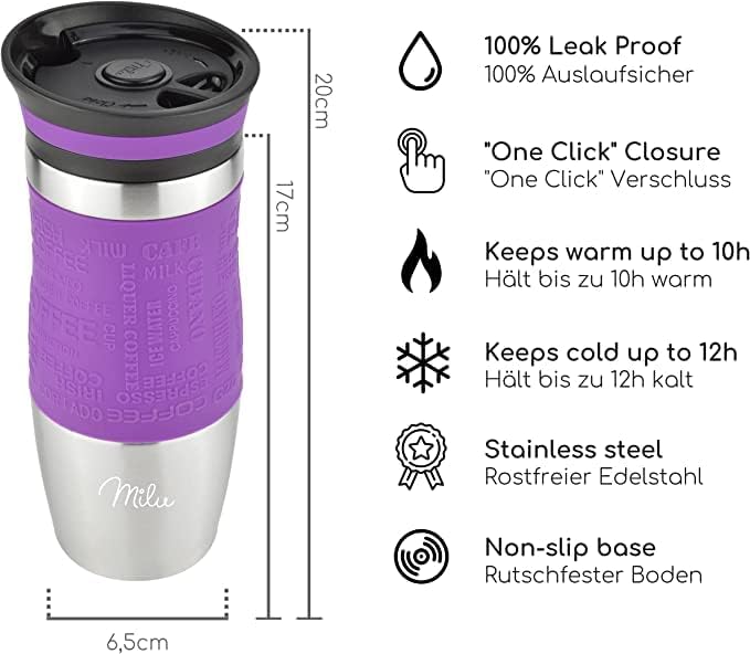 Milu Thermobecher 370ml 450ml Isolierbecher Kaffeebecher to go - 100% Auslaufsicher - Trinkbecher au