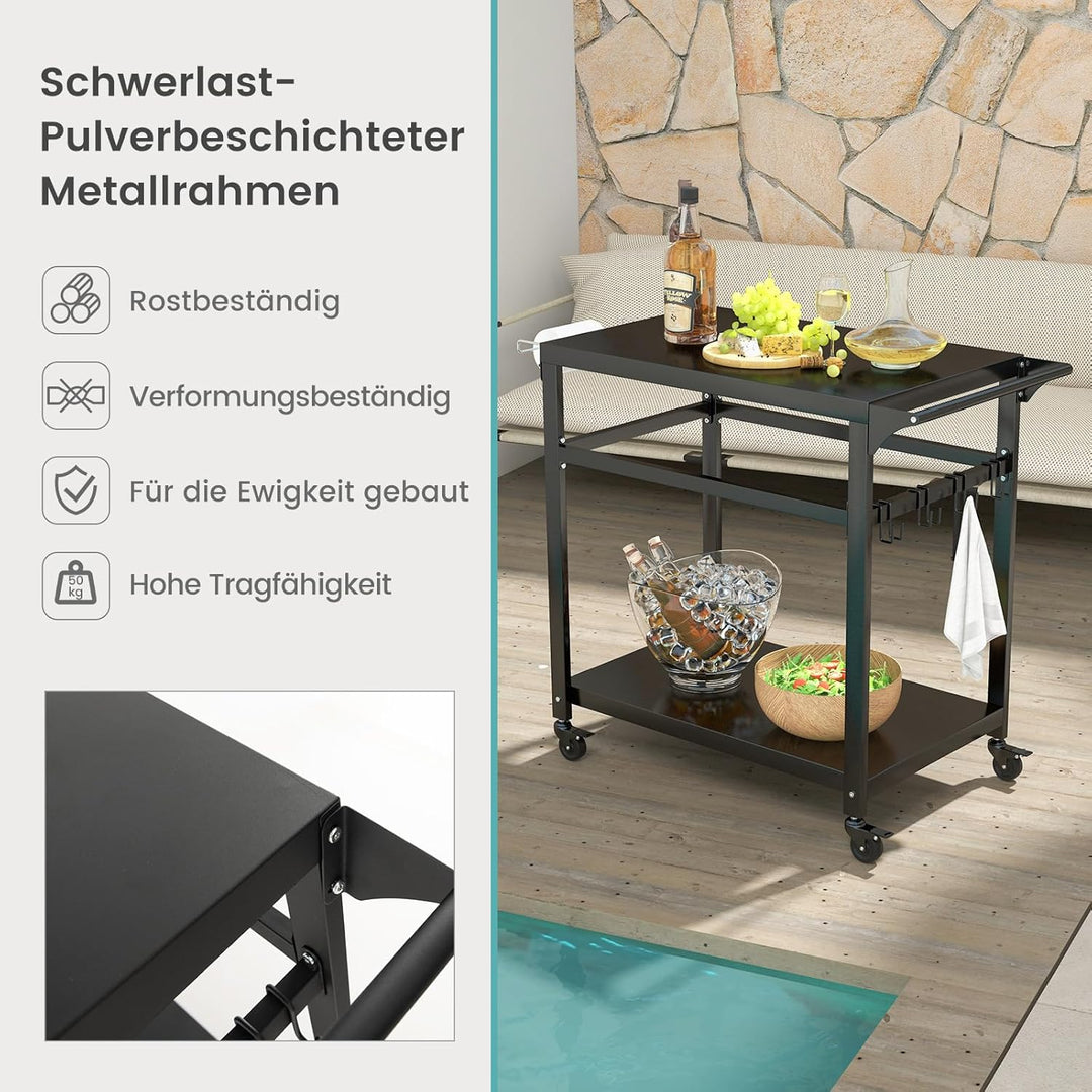 COSTWAY Grillwagen Grilltisch Outdoor, Pizzatisch mit 2 Ablagen & 4 Rollen & Haken, Grill Beistellti