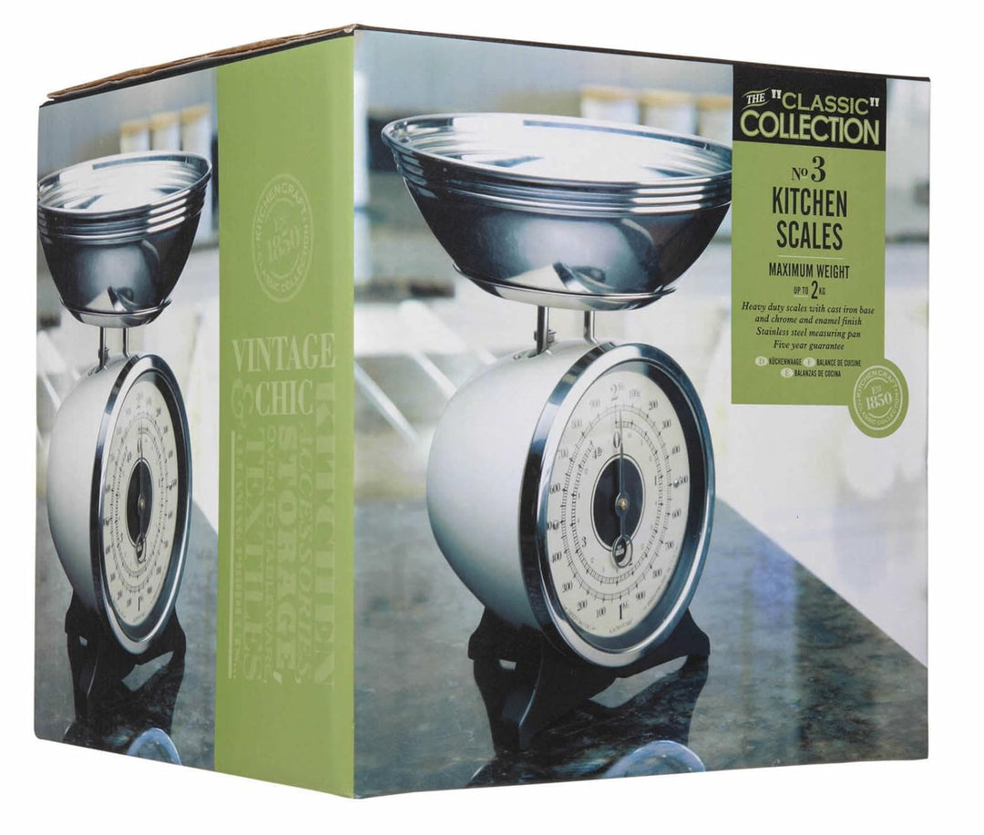 KitchenCraft Classic Collection Mechanische Küchenwaage mit Schale, Geschenkbox, Cremefarben, 2kg Si