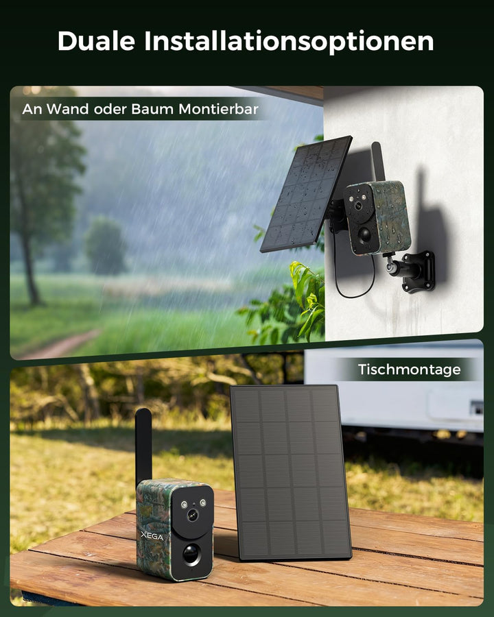 Xega 4G LTE Solar Überwachungskamera mit SIM-Karte,10000mAh Akku,OHNE WLAN | Kabellos Kamera Überwac