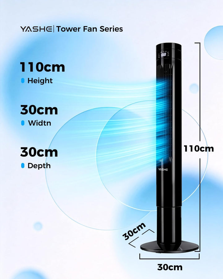 YASHE Leiser Turmventilator 110 cm mit Fernbedienung, 28 dB Säulenventilator ohne Flügel, 85° Oszill