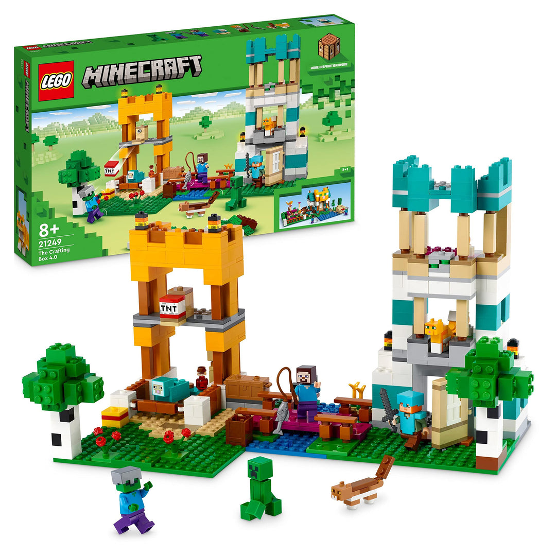 LEGO 21249 Minecraft Die Crafting Box 4.0, 2in1-Set zum Bauen, Türme am Fluss oder Katzenhütte, mit