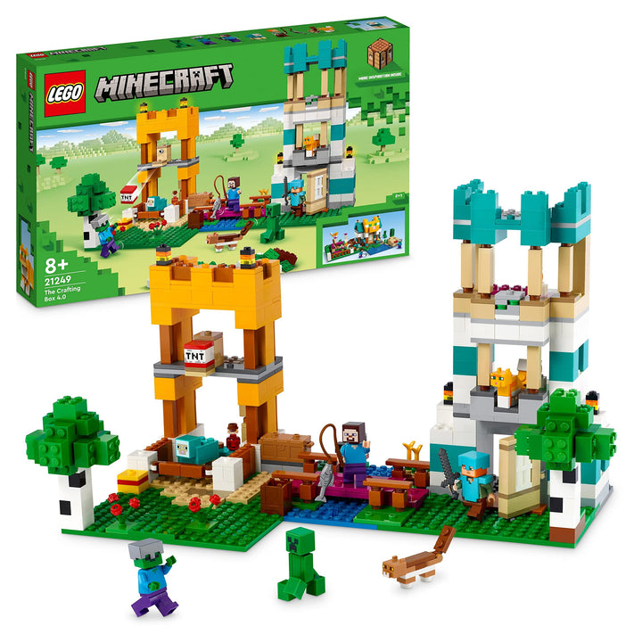 LEGO 21249 Minecraft Die Crafting Box 4.0, 2in1-Set zum Bauen, Türme am Fluss oder Katzenhütte, mit