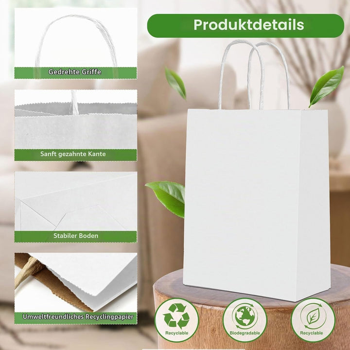 Gucass 50 Stück Gross Papiertüten mit Henkel, Weiss Kraft Papiertaschen Geschenktüten, 26x12x33cm Pa