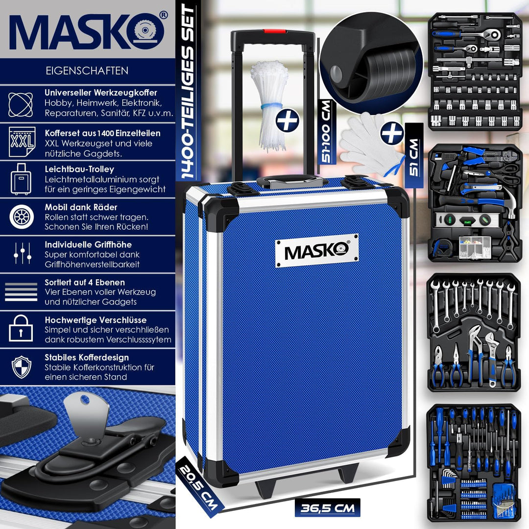 MASKO® Werkzeugkoffer 1299-teilig gefüllt | Werkzeugset im Aluminiumkoffer | Werkzeugkasten mit Roll