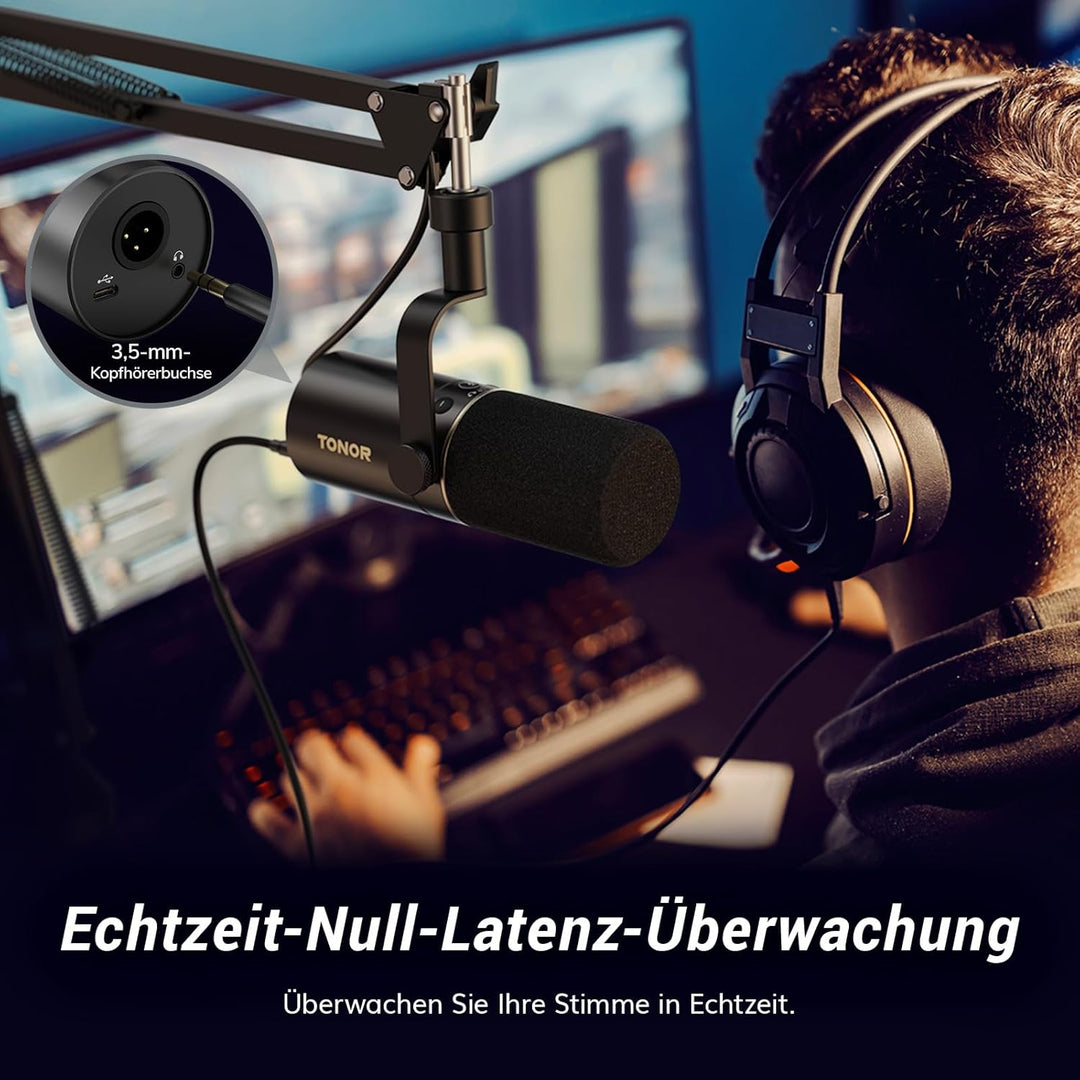 TONOR Gaming Microphone mit XLR/USB Kabel, Dynamisches Mikrofon PC mit Mikrofonarm und Mute Button,