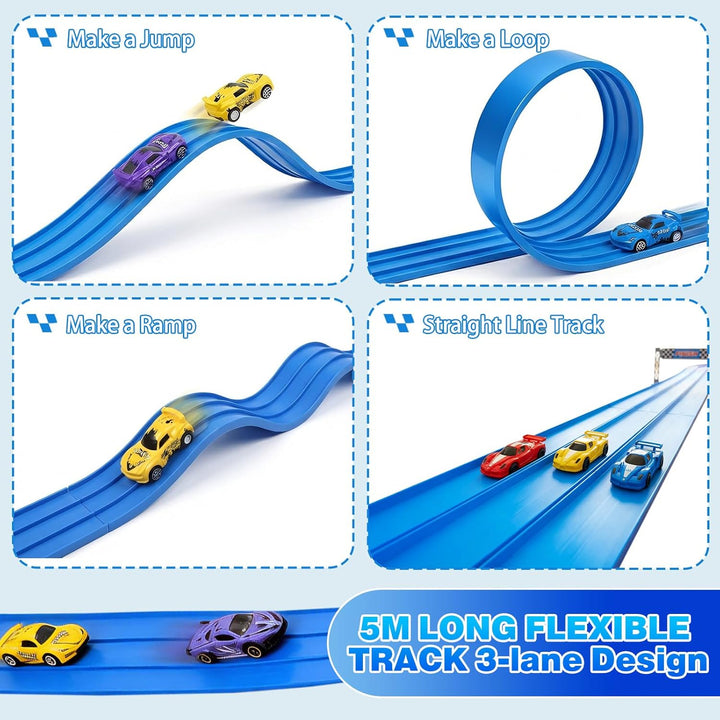 3-Spur Flexible Rennbahn Kinder, 5M Autorennbahn mit 6 Autos 3 Saugnäpfen, Flexible Autorennbahn Kin