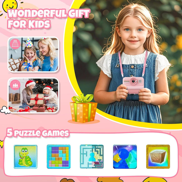 HiMont Kinderkamera Sofortbildkamera, 1080P Sofortbildkamera Kinder mit 32GB Karte & 3 Rollen Druckp