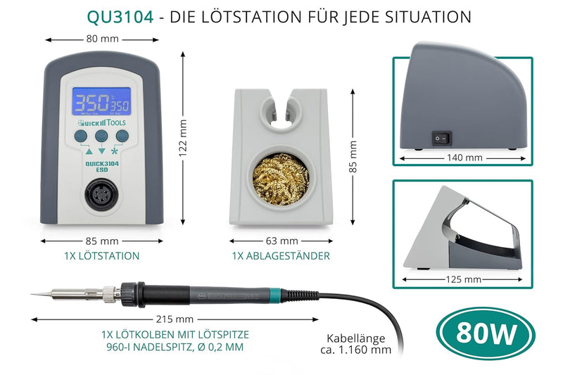 Quick 3104 Digital Regelbare ESD Lötstation 80 Watt inkl. Lötkolben mit 2mm Lötspitze und Zubehör -