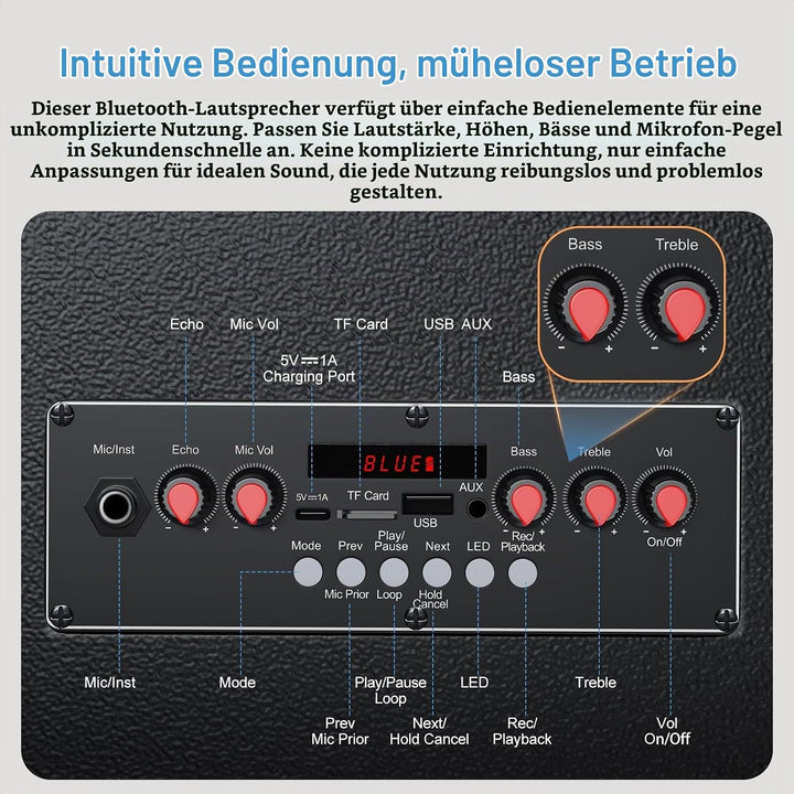 Tragbare Karaoke-Maschine mit 2 drahtlosen Mikrofonen, Bluetooth-Lautsprecher mit Beleuchtung und Tr