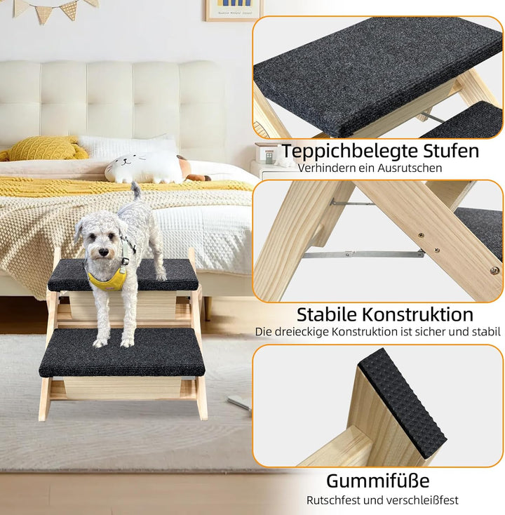 Haustierstufen, 2-in-1 Faltbare Hundetreppe aus Holz für Betten, Sofas und Autos, Hundetreppe und Ra